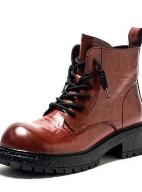 大码短靴子女冬棕红色皮革圆头厚底粗跟马丁靴拉链中跟MD44116D84