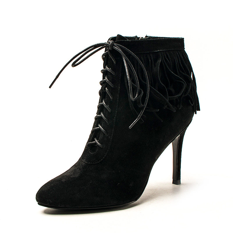 真皮短靴子女冬磨砂牛皮流苏尖头绑带细高跟侧拉链黑色MD64116225