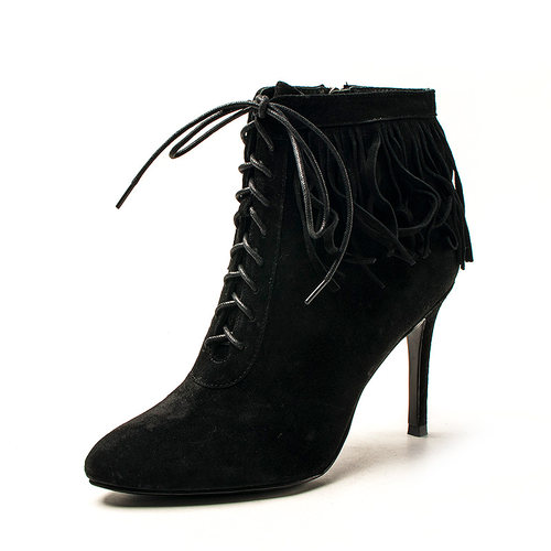 真皮短靴子女冬磨砂牛皮流苏尖头