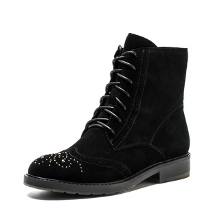 小码真皮短靴子女冬黑色磨砂牛皮马丁靴布洛克圆头拉链SS64117886