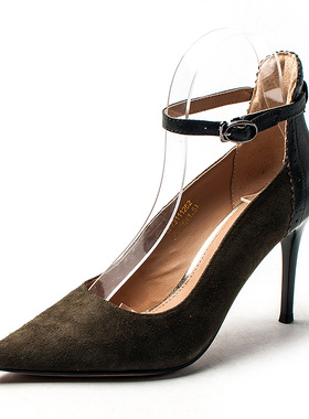 羊猄真皮单鞋女春秋墨绿色羊皮尖头细高跟一字带玛丽珍DF73111252