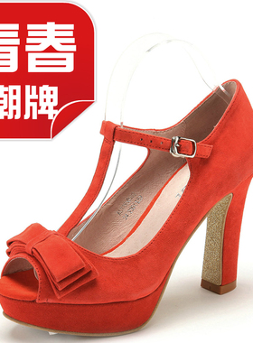 真皮玛丽珍凉鞋女春夏鱼嘴蝴蝶结羊猄一字带包跟丁字鞋KL31S30502