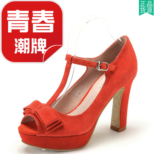 真皮玛丽珍凉鞋女春夏鱼嘴蝴蝶结