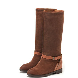 棕色美拉德真皮靴子女冬中筒靴内增高套筒磨砂牛皮搭扣FB24S9L504