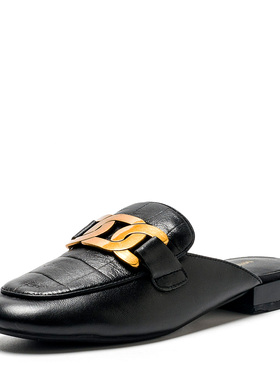 真皮包头乐福拖鞋子女春夏圆头黑色羊皮金属扣套脚后空MD11110028