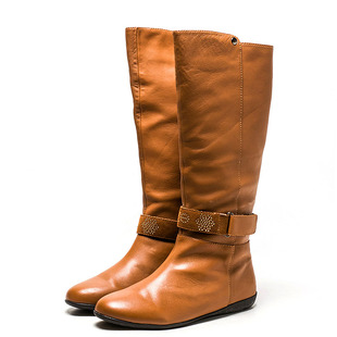 全真皮长靴子女冬棕色羊皮搭扣平跟套筒马靴百搭舒适软0144949503