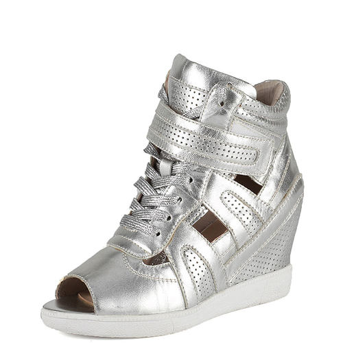 真皮短靴休闲鞋子女鱼嘴银色羊皮镂空魔术贴内增高坡跟DF51114024