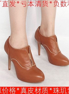 真皮及踝秋深口单鞋子女棕色小牛皮细高跟圆头套脚素版KL23S23156