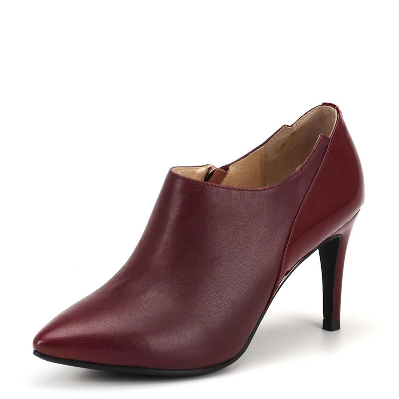 真皮及踝短靴子女秋深口酒红色