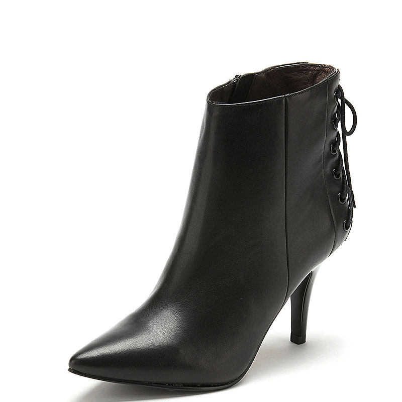 欧美真皮短靴子女冬黑色牛皮尖头细高跟性感后绑带拉链240024055