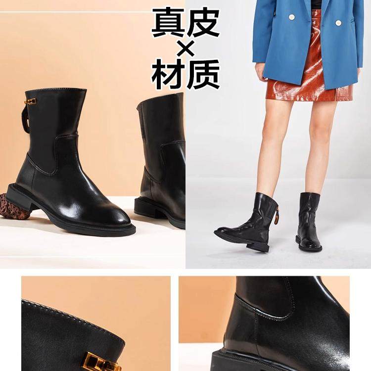加绒棉靴真皮短靴子女冬黑色牛皮圆头平跟金属扣后拉链SS14116888
