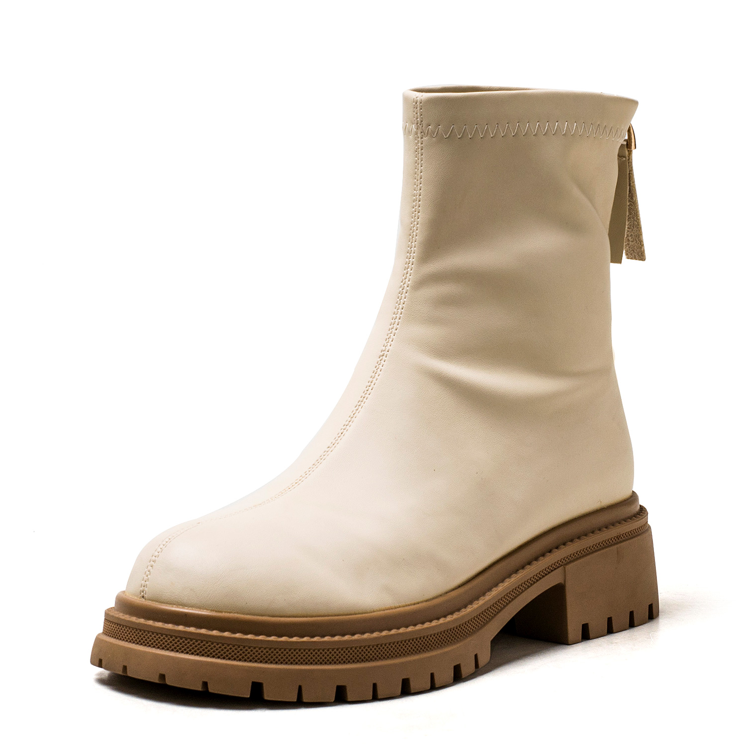 厚底水台短靴子女冬米白色皮革圆方头中粗跟后拉链舒适MD34116017