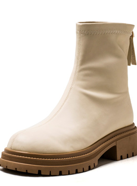 厚底水台短靴子女冬米白色皮革圆方头中粗跟后拉链舒适MD34116017