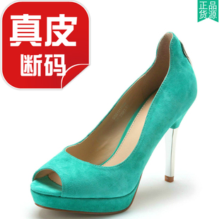 瑕疵真皮单鞋 子细高跟鱼嘴水台欧美风SS51117608 绿色绒面羊皮女鞋