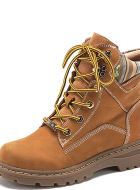 真皮短靴子女冬土黄色磨砂牛皮工装马丁靴低跟绑带厚底SF44110032