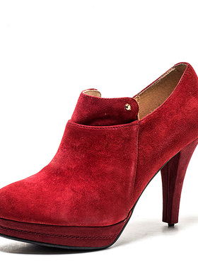 瑕疵羊猄真皮女鞋子秋深口及踝短靴子红色羊皮高跟水台FB33S2I741