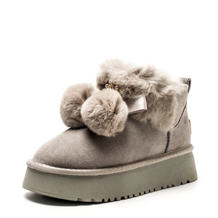 加毛加厚雪地棉靴暖脚真皮短靴子女冬灰色兔毛厚底中跟MD4411AD01
