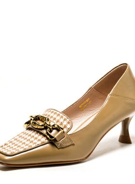 真皮穆勒鞋子女春秋方头高跟复古牛皮单鞋拼接千鸟格纹MD23111007