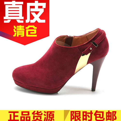 真皮女鞋子秋深口及踝高跟羊皮