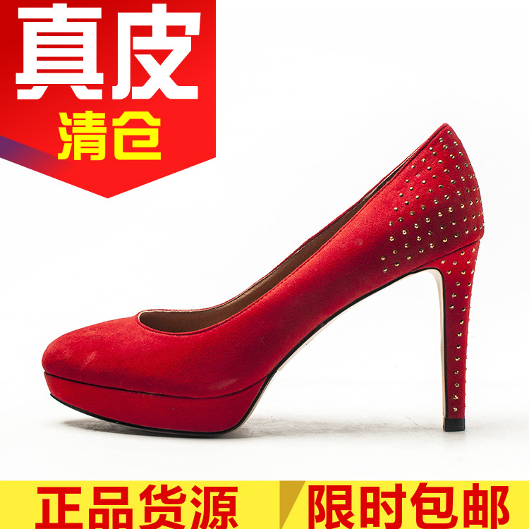真皮单鞋红色高跟浅口新娘鞋子