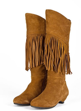 羊猄真皮长靴子女冬羊皮流苏圆头低跟拉链民族风侧拉链SFA4SF4202