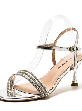 大码真皮凉鞋子女夏季露趾银色一字细带高跟镶水钻闪闪MD22115042