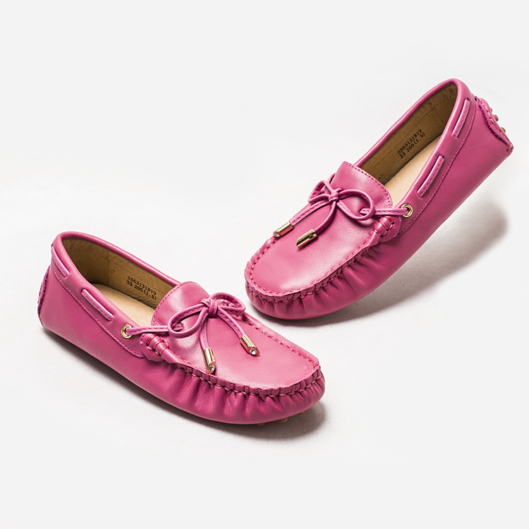 真皮乐福鞋子女儿童单鞋牛皮牛豆豆鞋玫红桔色白蝴蝶结SS63131819
