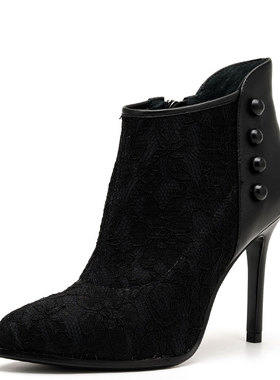 真皮短靴子女冬黑色羊皮拼蕾丝法式尖头细高跟拉链纽扣DF64117262