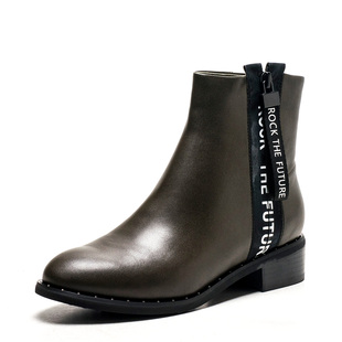 全真皮短靴子女冬墨绿色牛皮圆头粗跟拉链织带英文字母SS84116030