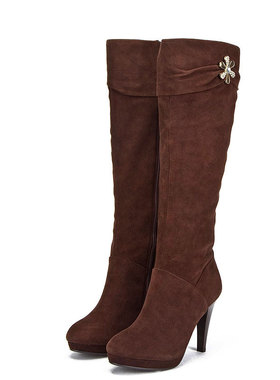 羊猄全真皮长靴子女冬棕色羊皮圆头水台高跟拉链雪花钻SSA4SP1951