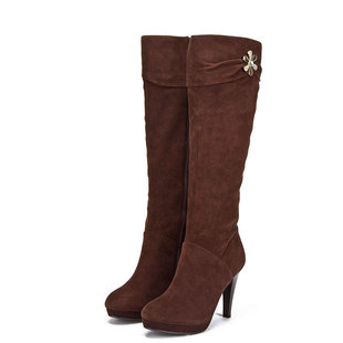 羊猄全真皮长靴子女冬棕色羊皮圆头水台高跟拉链雪花钻SSA4SP1951