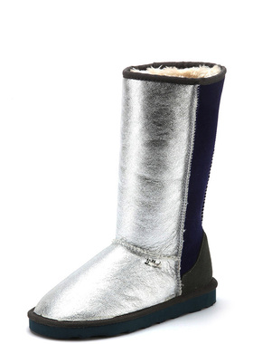 加厚毛棉靴真皮雪地长靴子女冬圆头拼接色羊猄牛皮套筒KL24SI1702