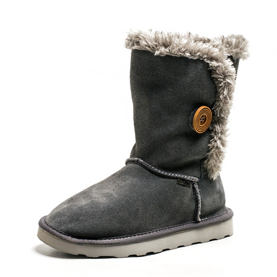 瑕疵加毛加厚雪地棉靴暖脚真皮短靴子女冬灰色磨砂牛皮KL14SX0503