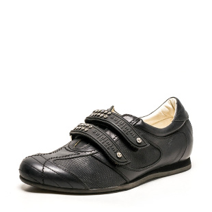 中古风真皮休闲鞋子女春秋深口魔术贴黑色牛皮平跟圆头BA71SF8402