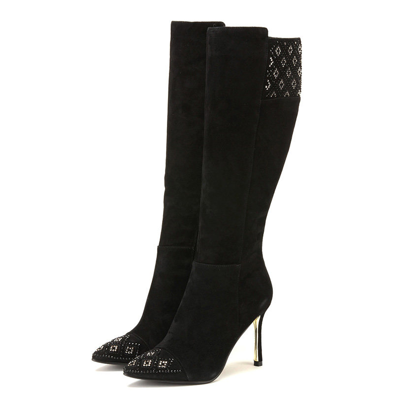 羊猄真皮长靴子女冬黑色羊皮尖头镶水钻细高跟拉链性感SS44112418