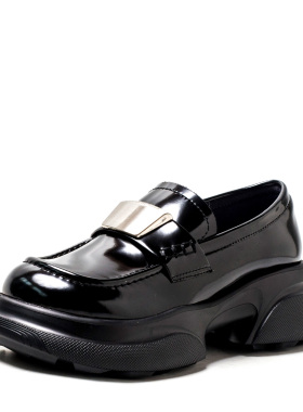 真皮乐福鞋子黑色羊皮厚底单鞋女春秋圆头粗跟水台高跟MD41112003