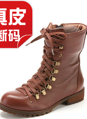 小码牛皮短靴子全真皮女冬低粗跟马丁靴圆头拉链中性帅SS24S71G10