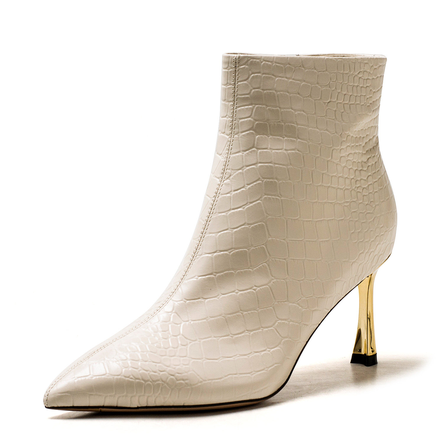 撤柜真皮短靴子女白色牛皮蛇纹尖头高跟拉链性感欧美风SS34116576