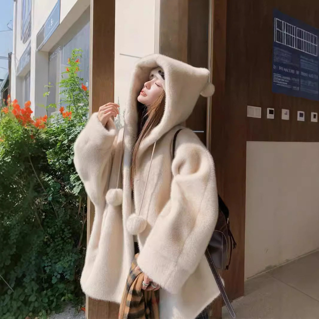 洋气连帽加厚中长款仿水貂毛绒大衣女巫中长毛茸茸环保皮草外套冬