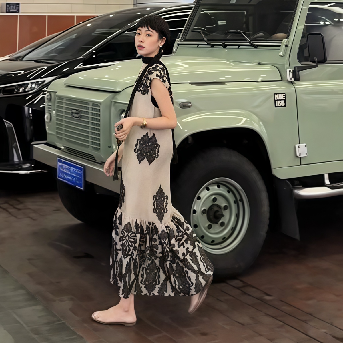 印花无袖腰带鱼尾摆连衣裙女