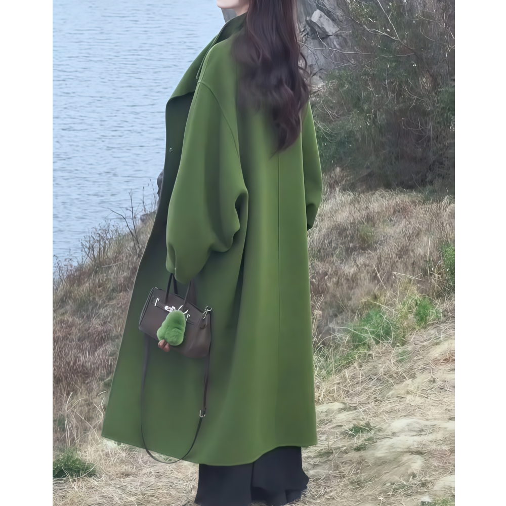 长款宽松翠绿色毛呢外套女斗篷感
