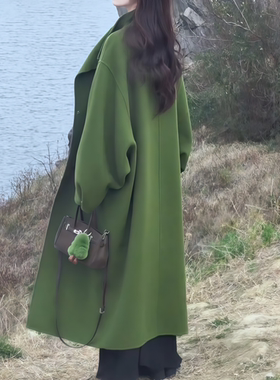 长款宽松翠绿色毛呢外套女斗篷感