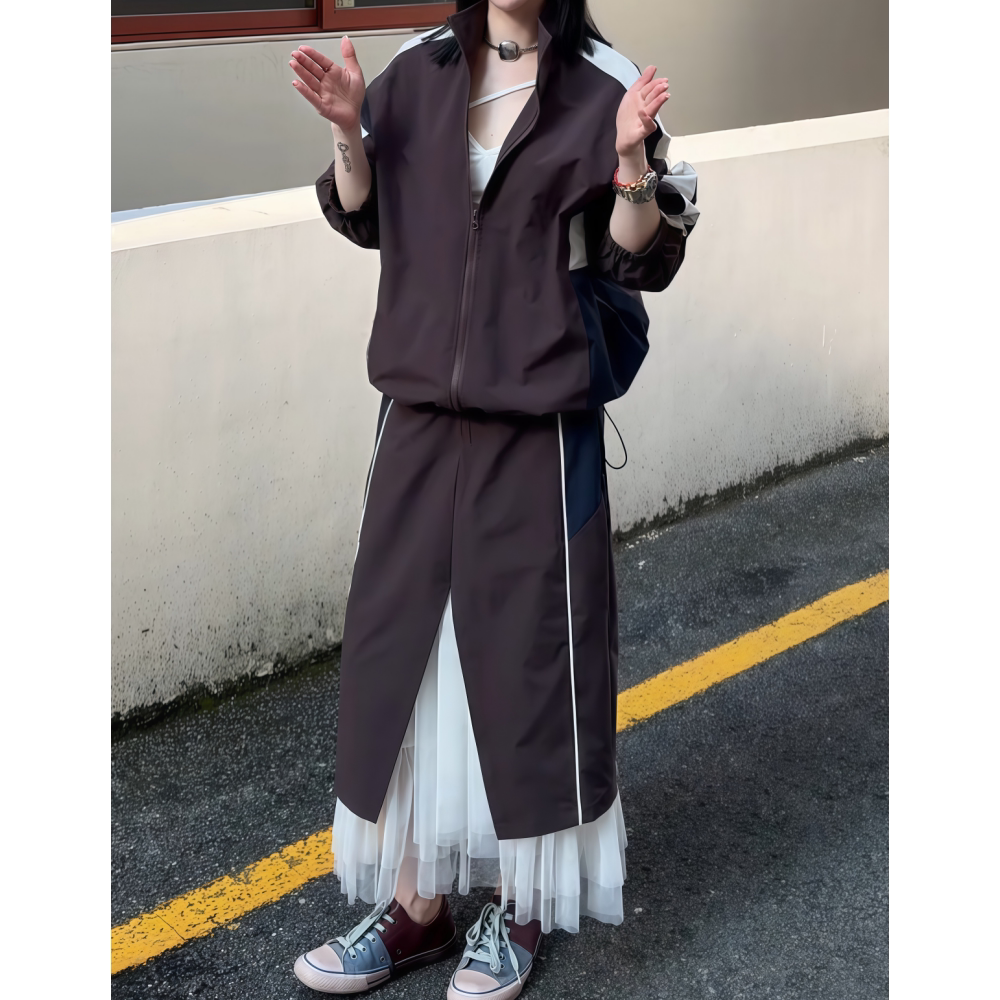 立领外套开衩半身裙套装