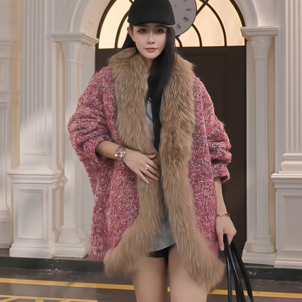 纯色斗篷款毛毛领拼接毛呢棉衣女