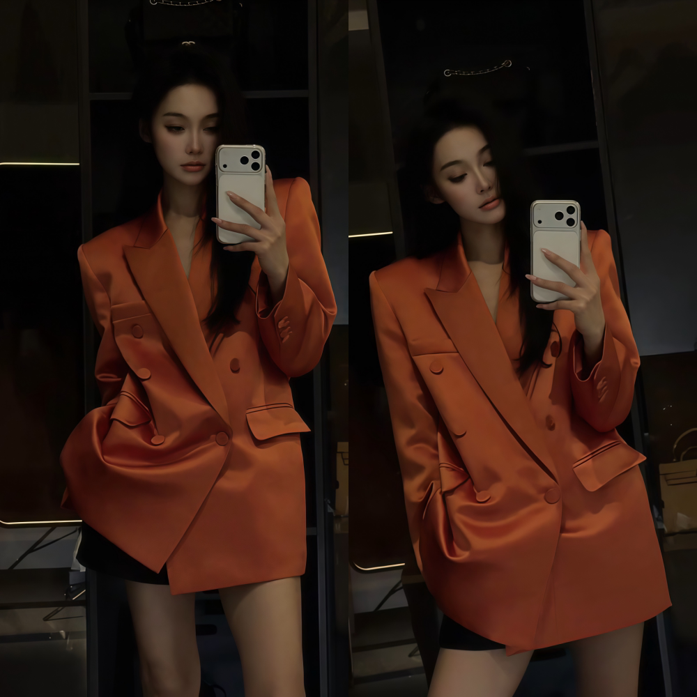中长款桔红色正肩直筒西装外套女