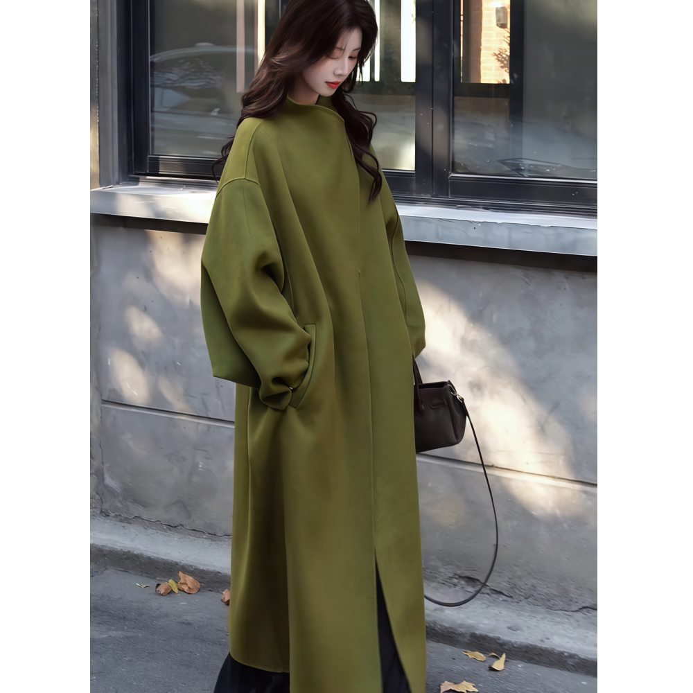 长款保暖百搭通勤纯色毛呢外套女