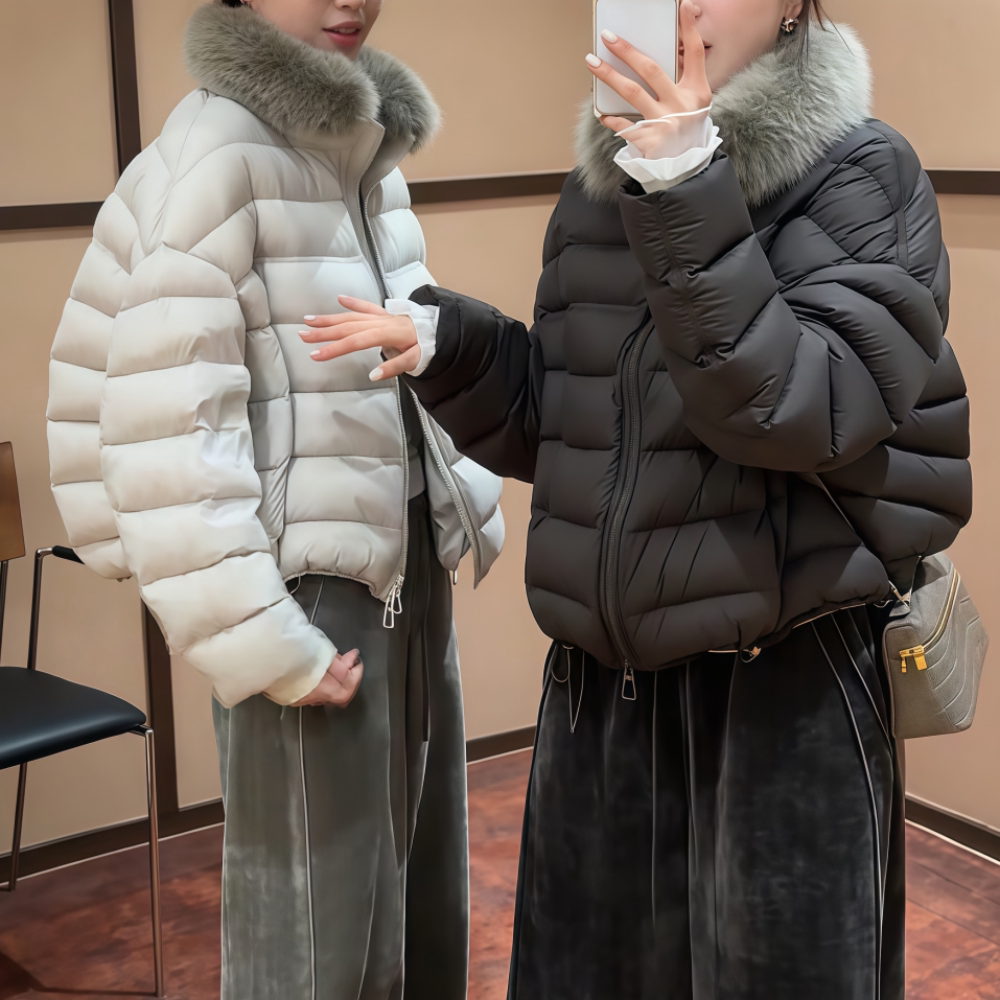 毛领保暖短款白灰色羽绒服外套