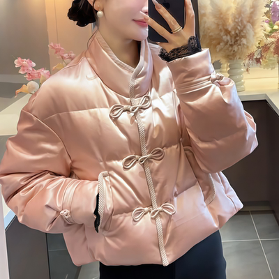 短款粉红色盘扣立领羽绒款外套女