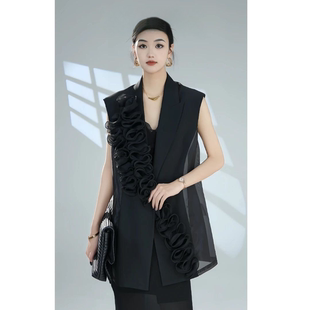 2026新款女士春秋服饰套装中长款黑色立体花马甲短裤两件套套装女