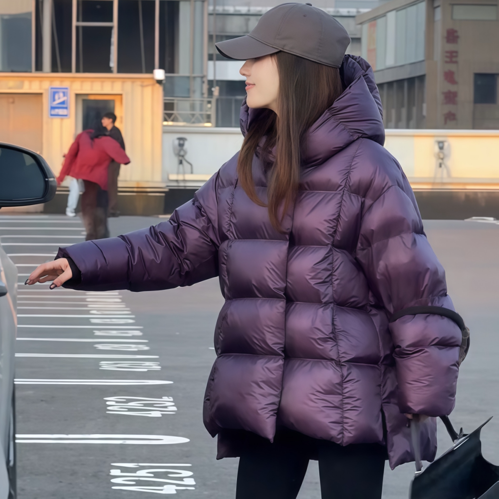 小众中长款紫色连帽羽绒服